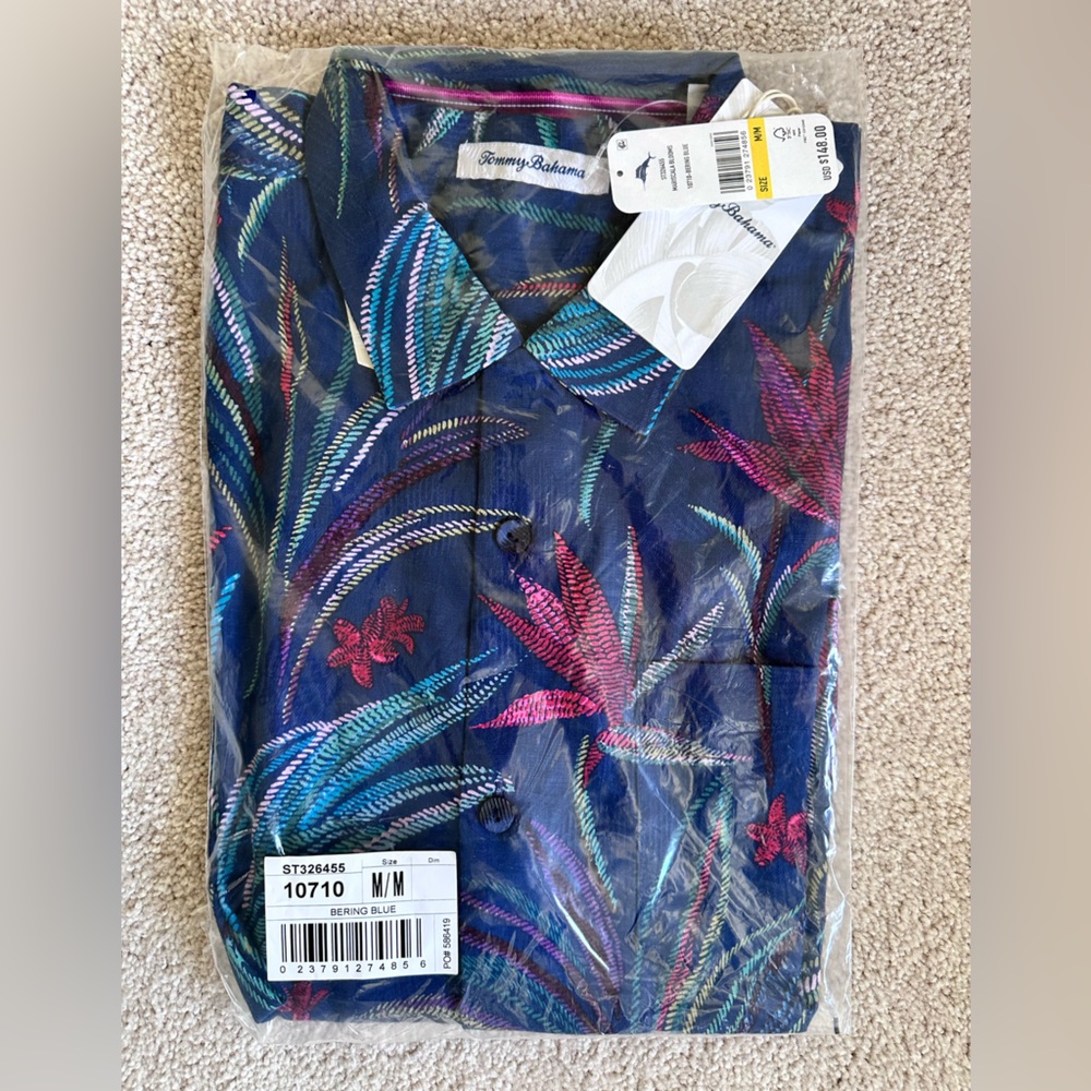Tommy Bahama Navy and Pink Leaf Shirt